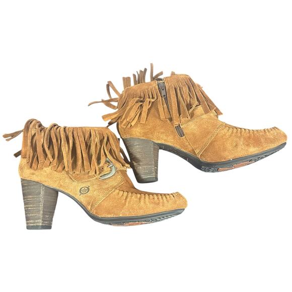 Born Fringe Suede Ankle Boots Brown Moc Toe Western Boho Size 9 Heeled bootie - Picture 5 of 11